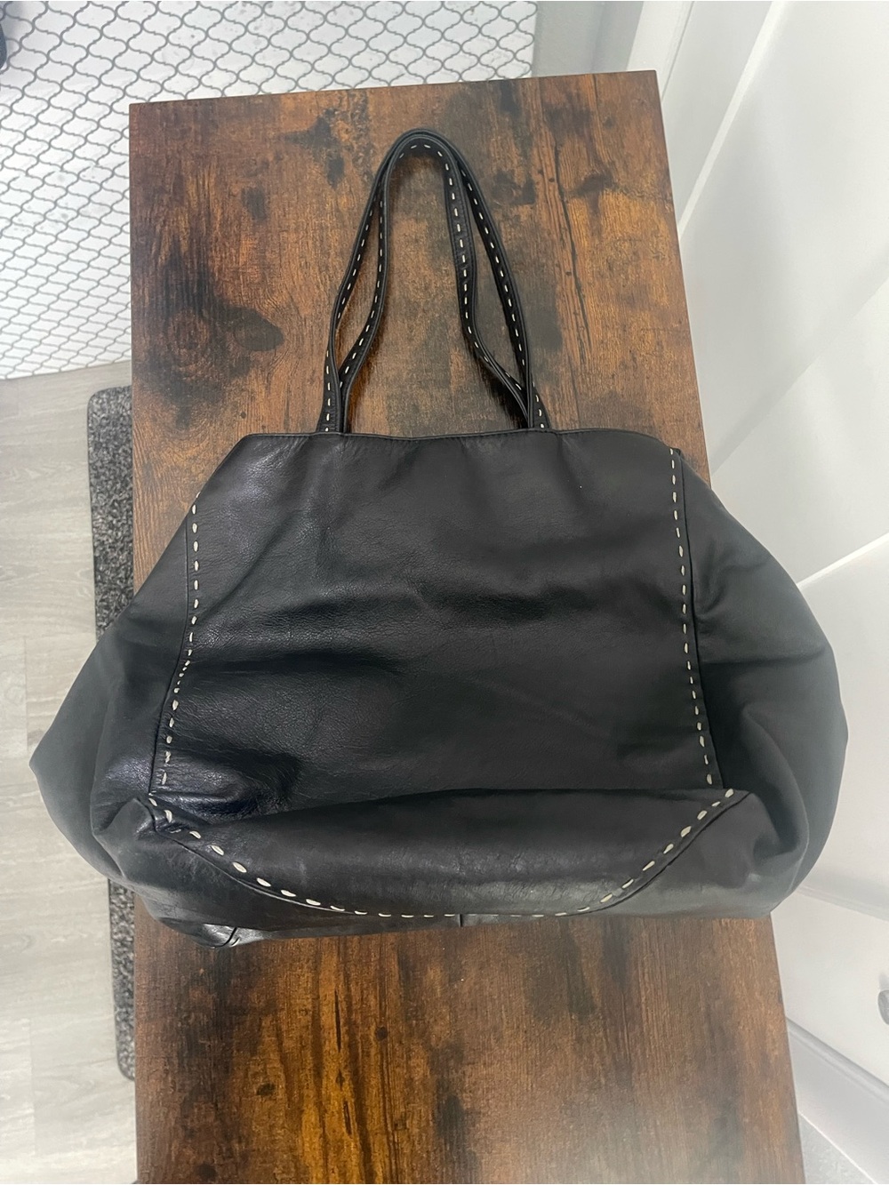 Neiman Marcus Black Leather Tote with Contrast Stitching